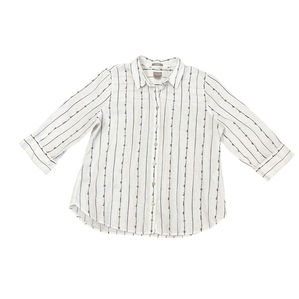 Chicos No Iron Freshchic Linen Shirt White Peace Love Chic Stripe Size 2, Large